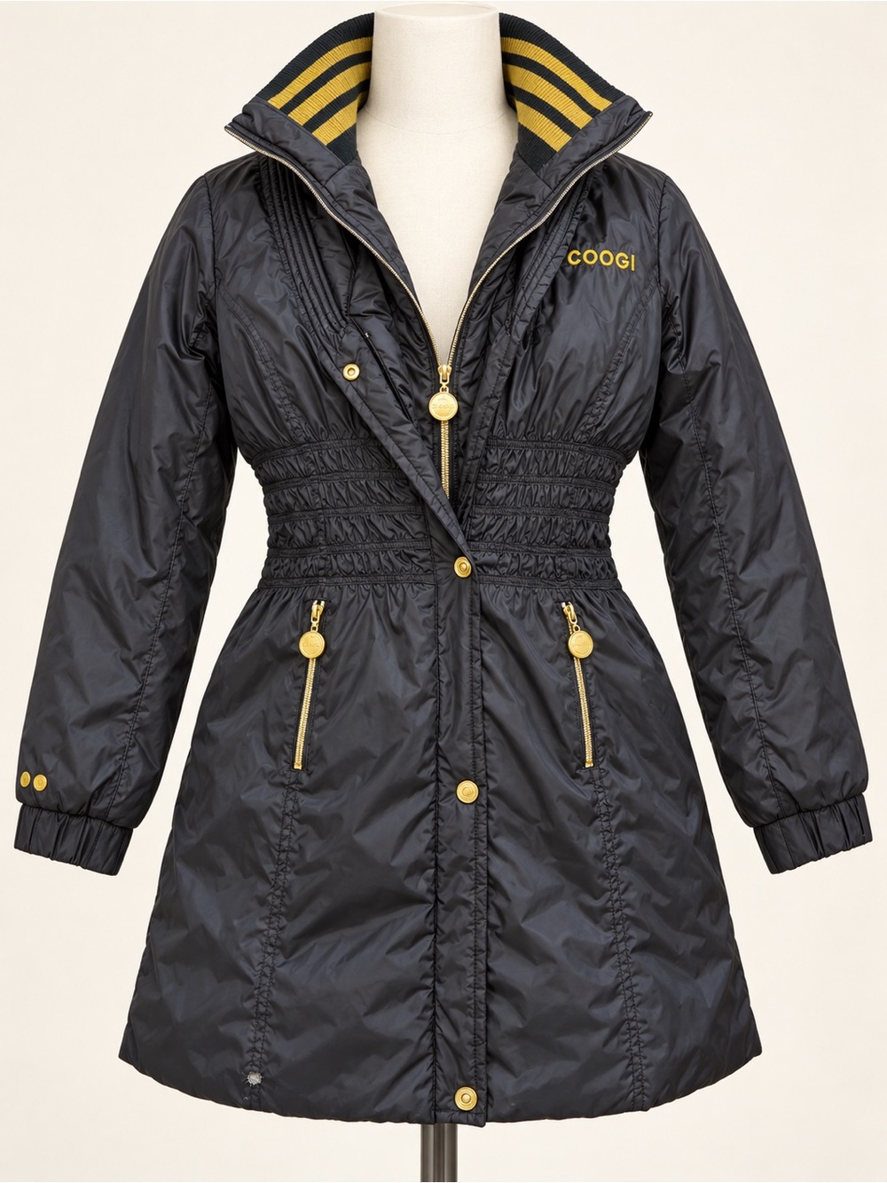COOGI Women’s Black Gold Smocked Waist Long Puffer Coat Size S